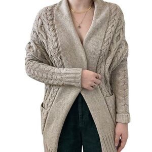 Vince Tan Beige Wool Yak Blend Cable Knit Oversized Shawl Cardigan Sz XS